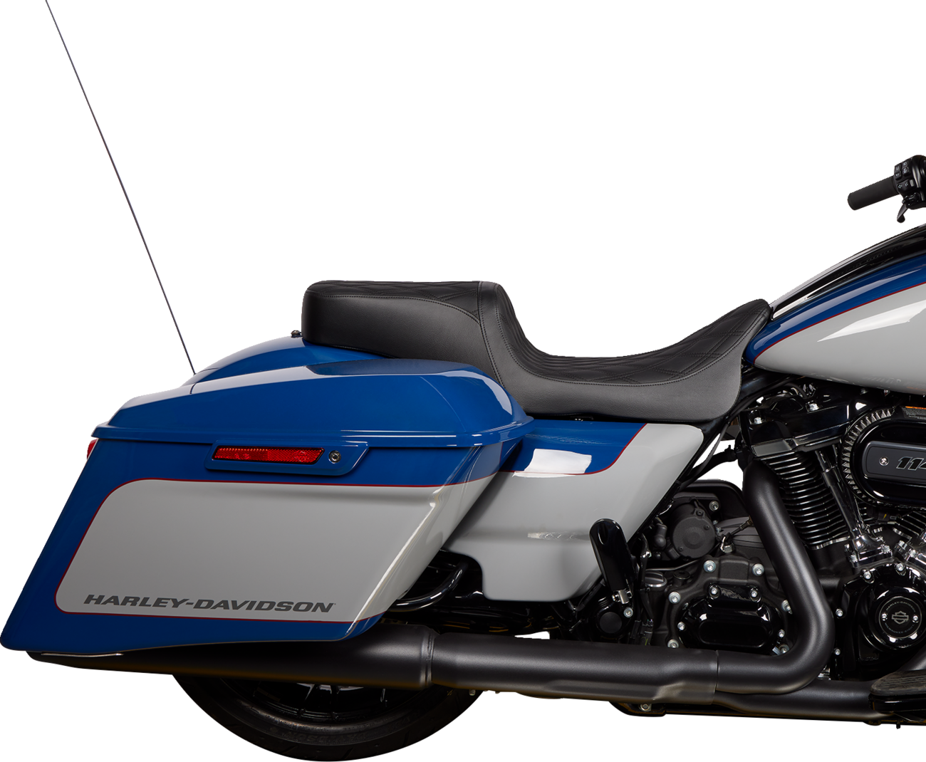 Drag Specialties Predator 2-up motorcycle seat with vinyl cover for Harley FL models 2008-2023, featuring ergonomic design.
