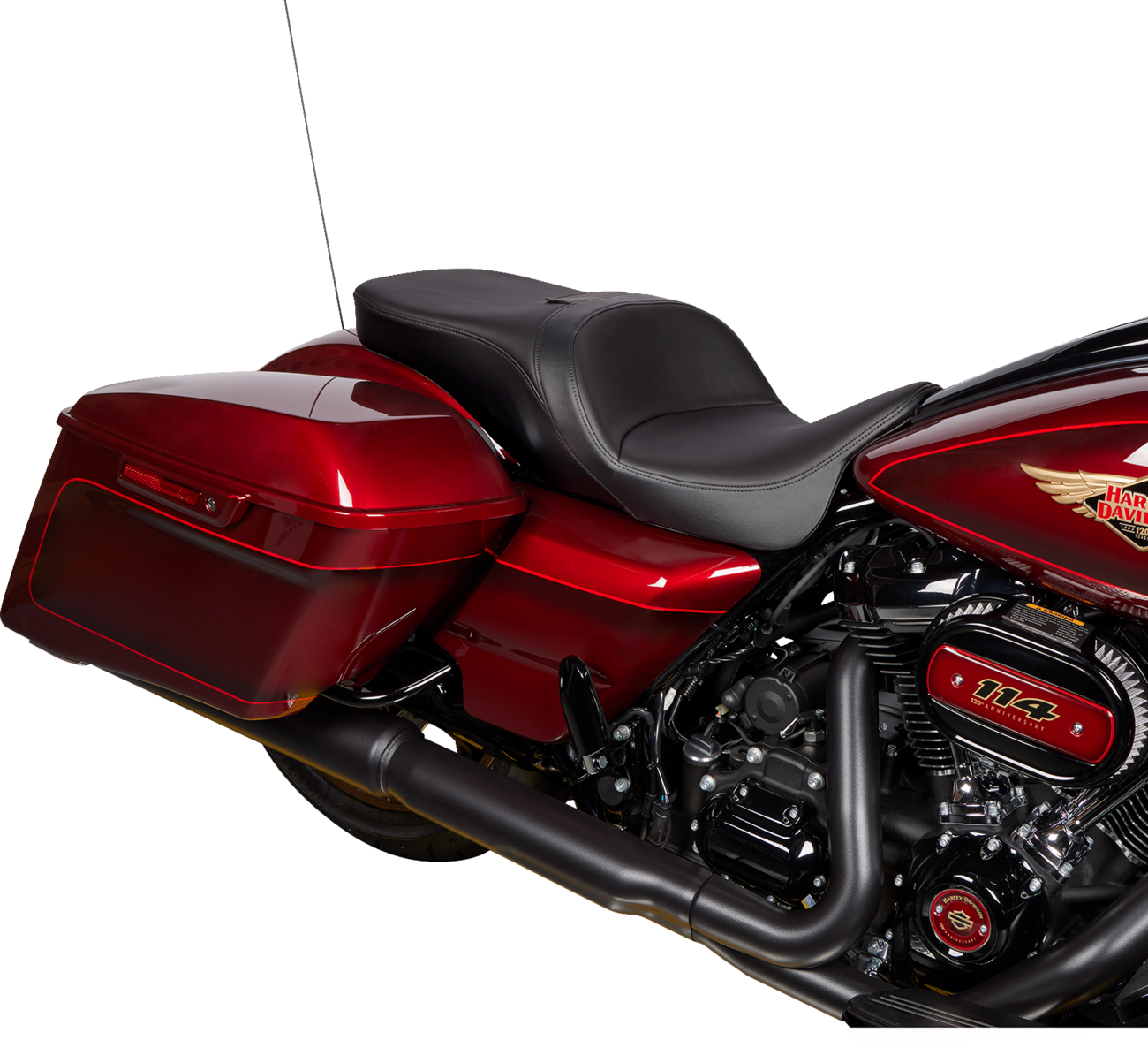 Black Solar Leather Drag Specialties Freedom Seat for FLH motorcycles, model 0801-1485, with comfortable, contoured design.