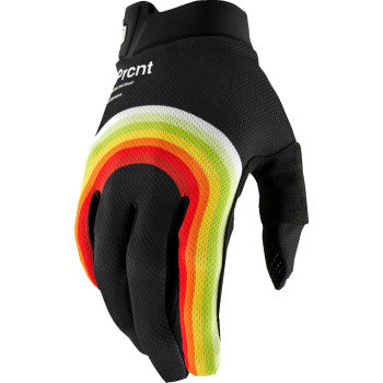 Black iTrack Rewind gloves in medium size by Bill's Exhausts, showing the textured fabric and secure wrist closure.
