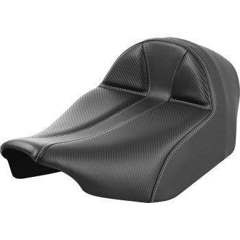 SADDLEMEN Dominator Solo Seat for FLT/FLH 2023-2024, carbon fiber with silver stitching, extended reach, by Bill's Exhausts