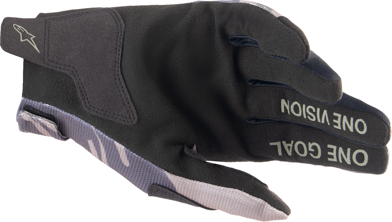 Alpinestars Radar Camo Gloves in 2XL with black and gray camouflage pattern, showing the textured finger and palm details.