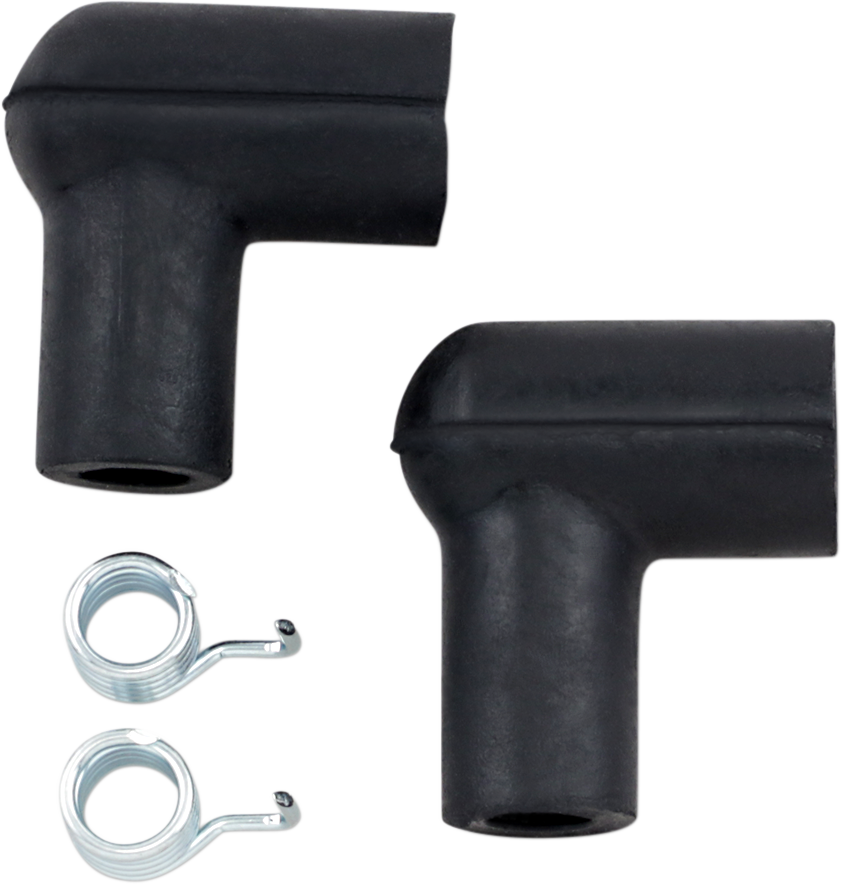 Pair of black neoprene spark plug caps from Parts Unlimited, designed for reliable engine performance and secure fit.