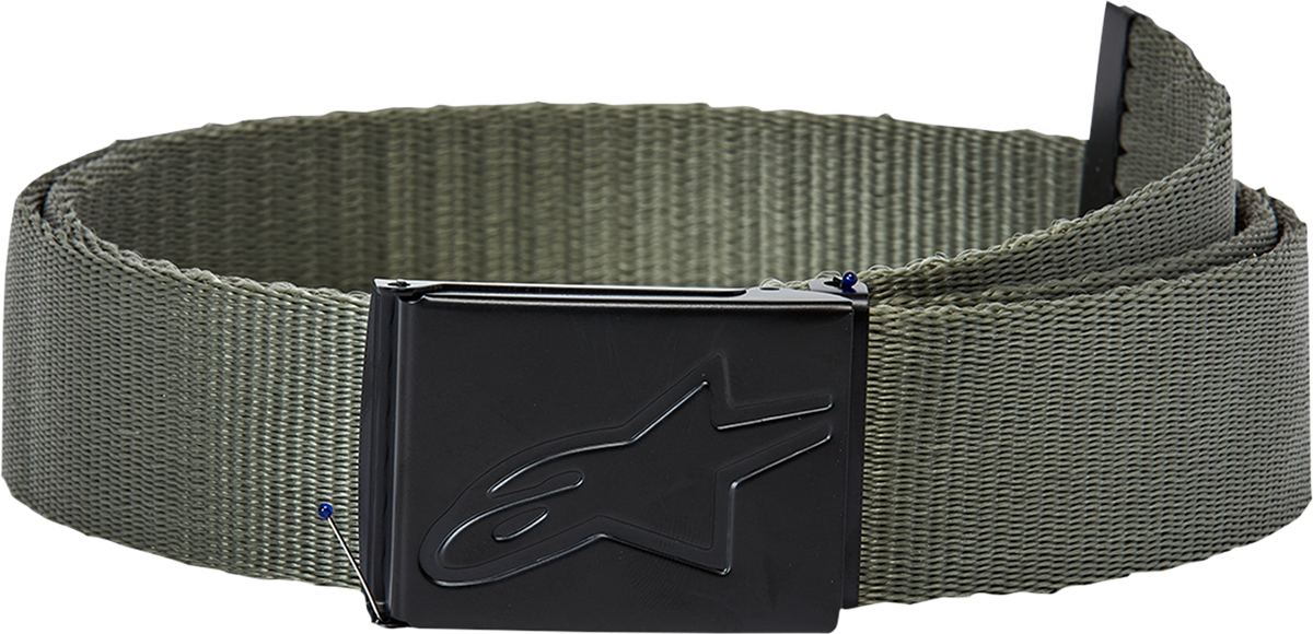Alpinestars Ageless Web Belt in military green and black with metal buckle, one size, displayed on a plain background.