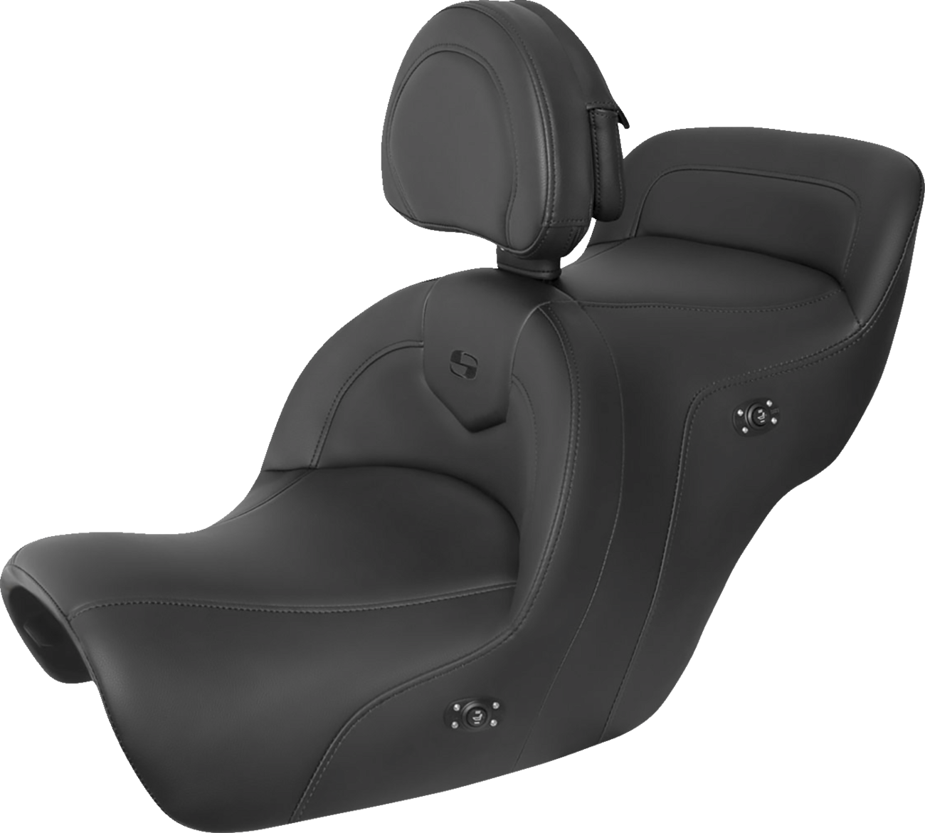 Black SADDLEMEN Heated Roadsofa Seat with backrest, designed for comfort and warmth, featuring detailed stitching and ergonomic shape.