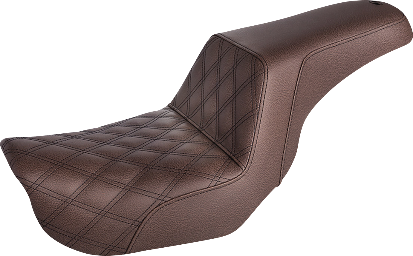 Brown SADDLEMEN Step-Up Seat with front lattice stitch for FXD motorcycles, featuring a comfortable design and durable construction.