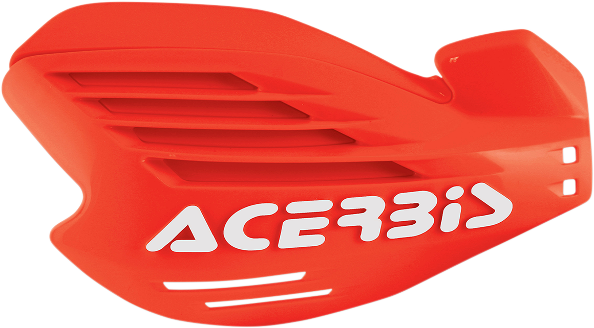 A pair of ACERBIS X-Force fluorescent orange handguards for motorcycles, designed for protection and visibility.