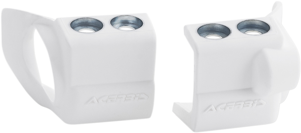 Acerbis white fork shoe protector mounted on motorcycle front fork, designed to shield and protect fork components.