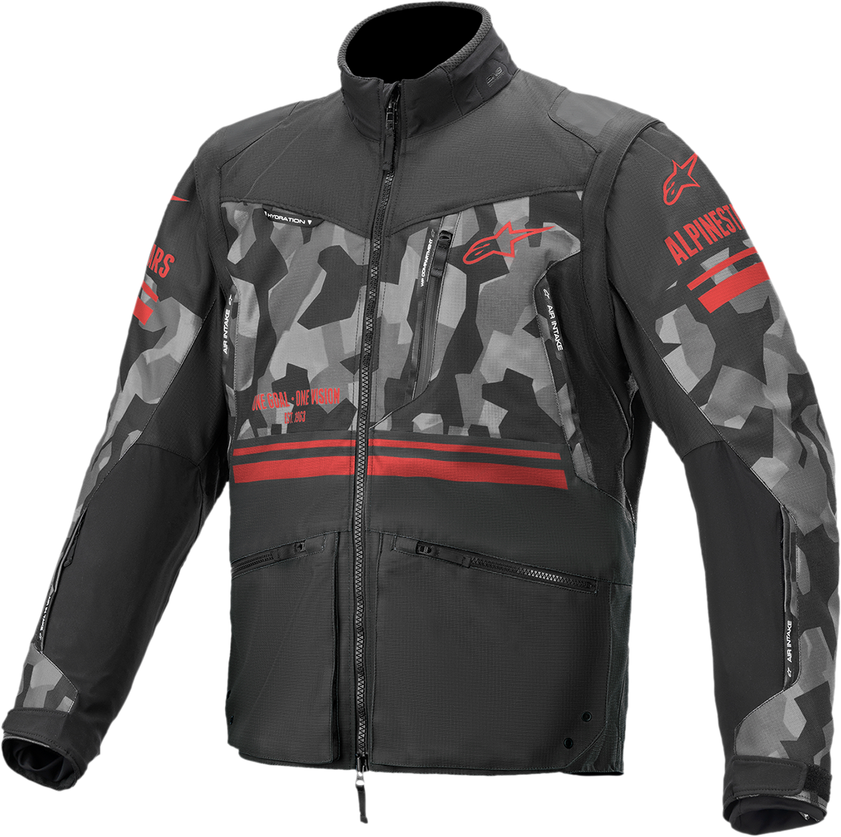 Alpinestars Venture Jacket in red camo, medium size, featuring a rugged design and durable fabric for outdoor activities.