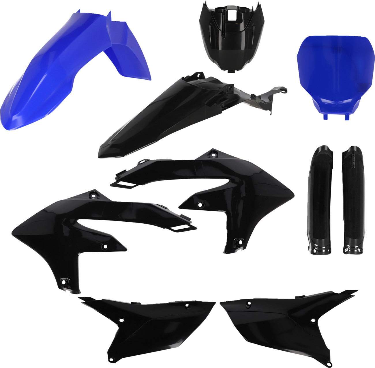 Acerbis black and blue full replacement body kit for off-road motorcycle, featuring streamlined panels and durable construction.