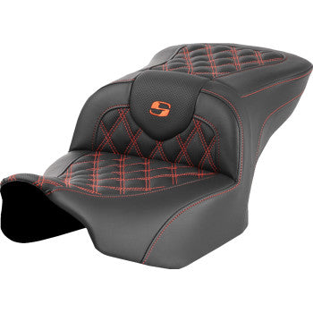 SADDLEMEN Roadsofa™ motorcycle seat in orange lattice stitch for FLTR/FLHX 2023-2024 models, without backrest, by Bill's Exhausts.