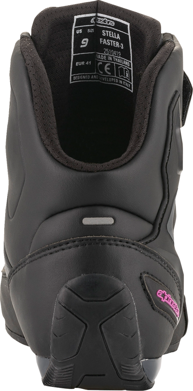 Alpinestars Stella Faster-3 black and pink riding shoes for women, US size 6, with protective design and sporty appearance.