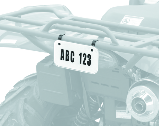 QuadBoss ATV license plate kit with white background, black numbers and letters, and mounting clamps.