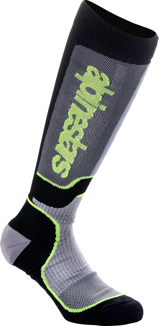 Alpinestars Youth MX Plus Socks in black, gray, and yellow with medium/large size, featuring breathable fabric and reinforced heel