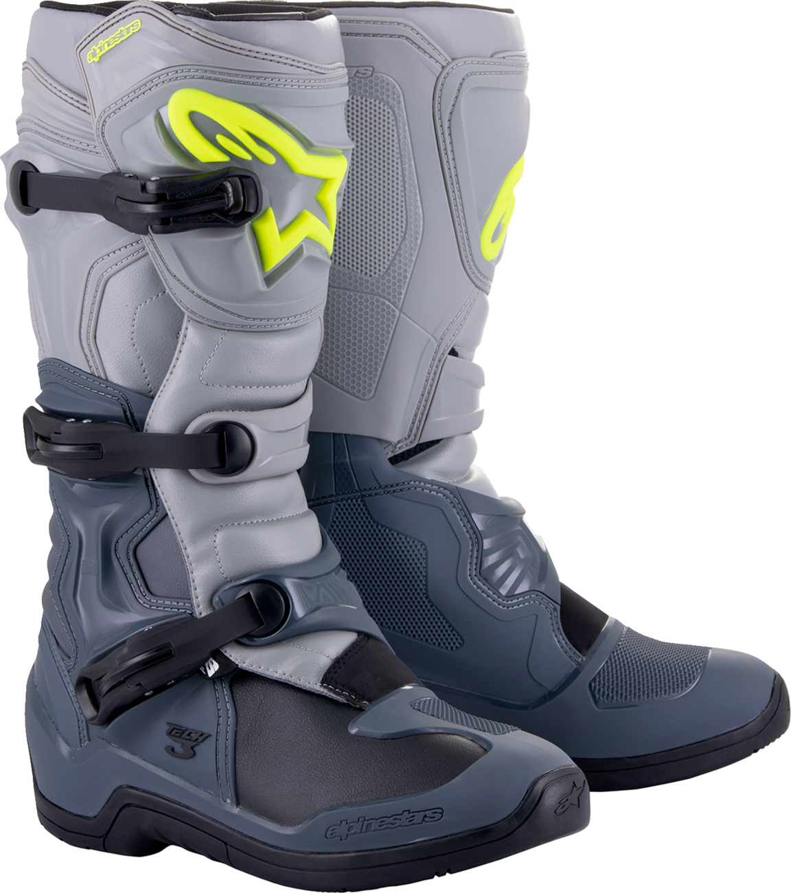 Alpinestars Tech 3 motorcycle boots in gray and black with protective features, US size 8, EU 42, showing rugged design and durable construction.