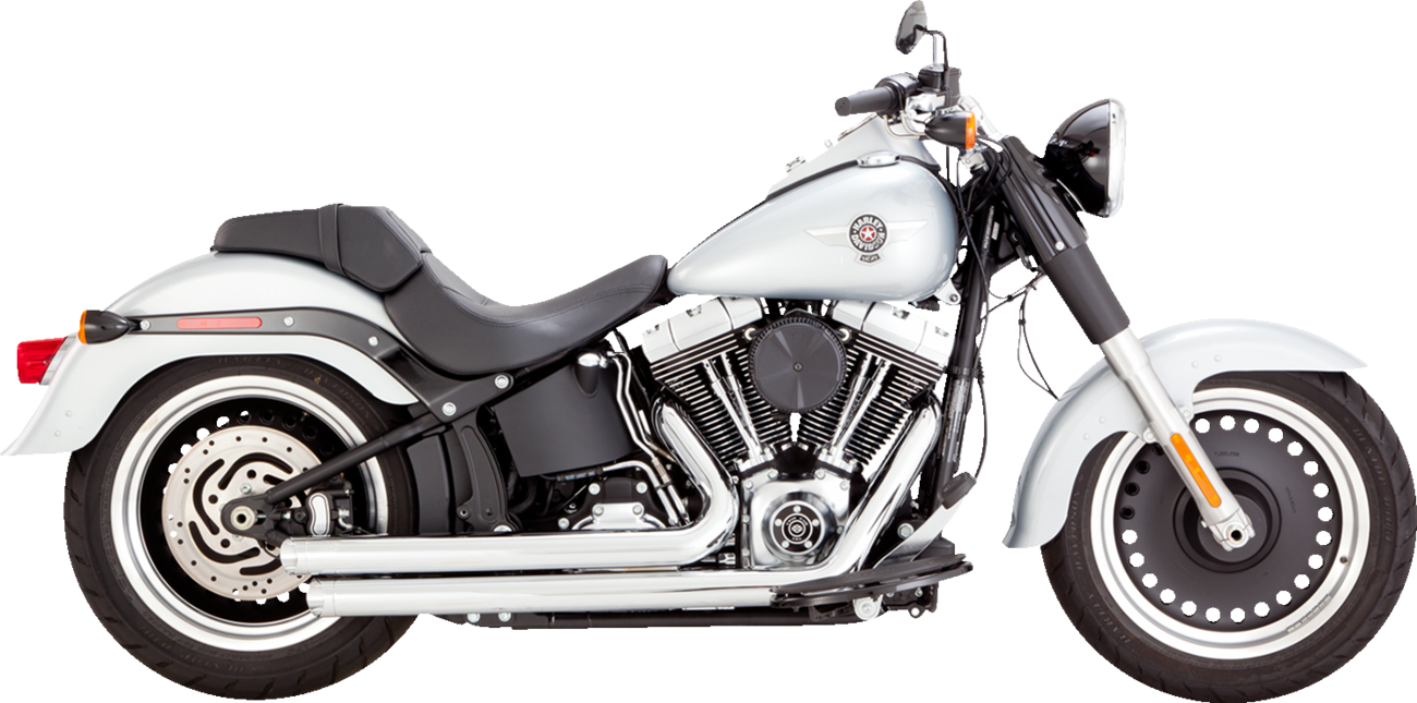Vance & Hines Big Shots staggered exhaust system with chrome finish, featuring dual pipes and chrome tips for motorcycle styling.