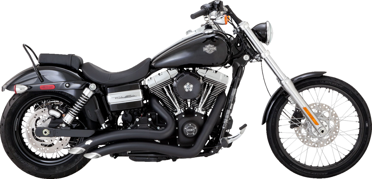 VANCE & HINES Big Radius 2-Into-2 exhaust system with matte black heat shield for motorcycle, showing dual pipes and sleek design.