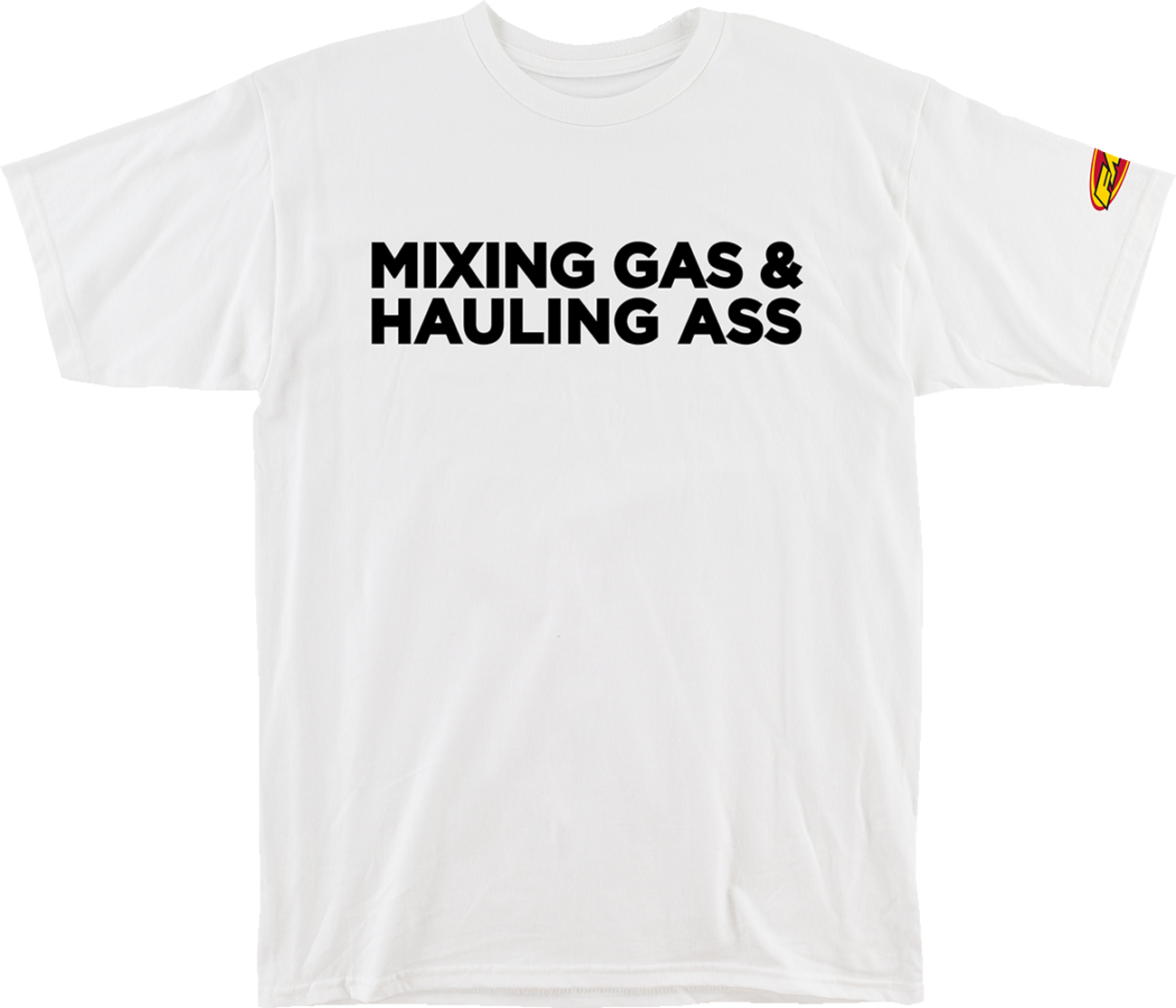 White FMF Gass T-Shirt in Medium size, featuring the FMF logo on the front, made from soft cotton fabric.
