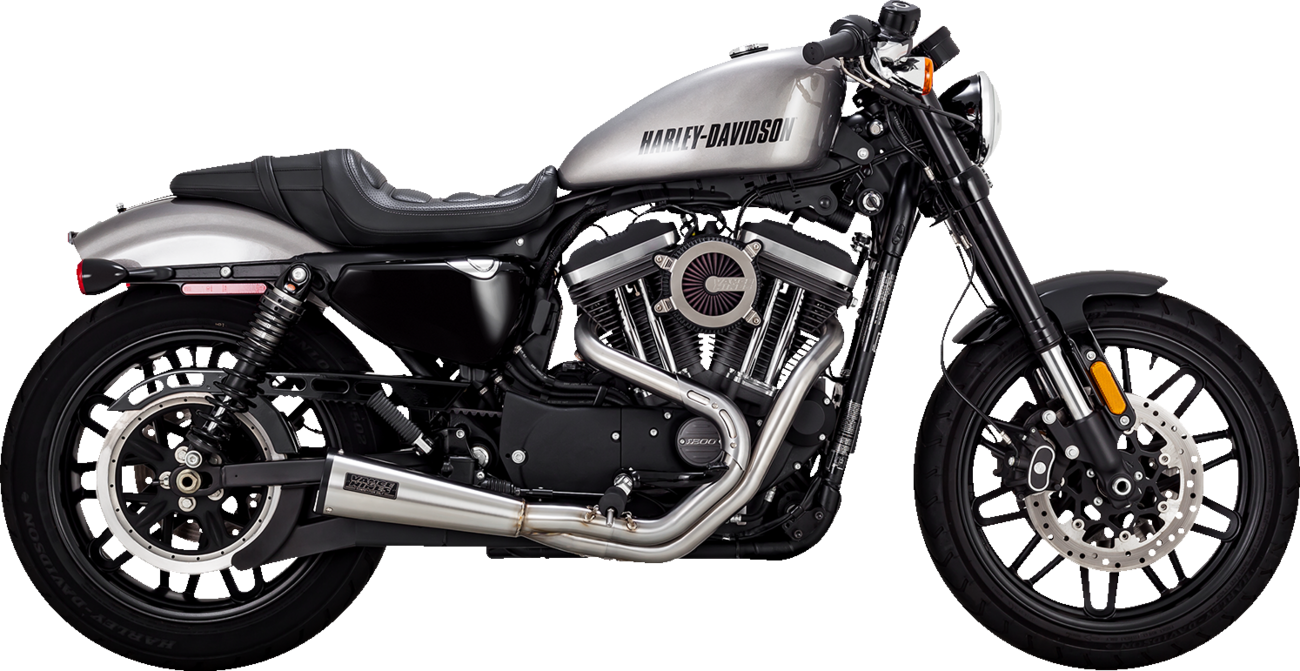 VANCE & HINES stainless steel 2-into-1 upsweep exhaust system for motorcycles, showing polished finish and dual exhaust pipes.