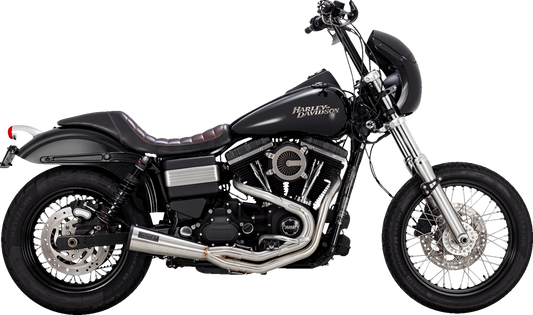 Vance & Hines 2-into-1 Upsweep exhaust system in brushed finish, showcasing sleek motorcycle exhaust pipes.