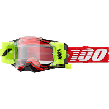 Bill's Exhausts 100% Armega Forecast goggles in red with clear lenses, featuring a sleek aerodynamic design for racing or motocross.