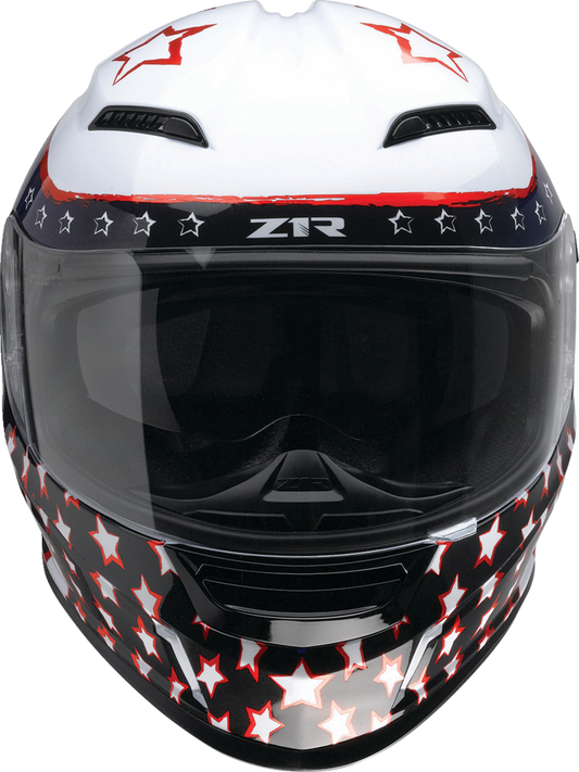 Z1R Jackal helmet in Patriot Red, White, and Blue with aerodynamic polycarbonate shell and sun visor, size 3XL.