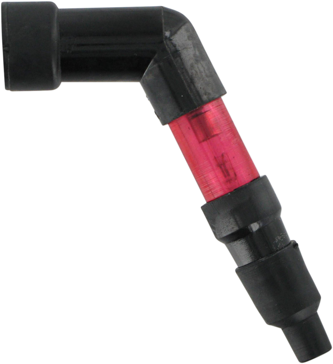 Red spark plug cap by Parts Unlimited for 10mm, 12mm, and 14mm plugs, featuring a 120-degree design for motorcycle ignition systems.