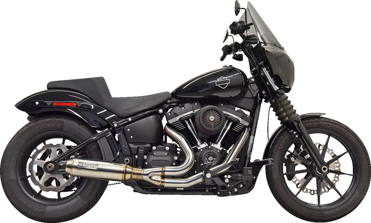 Stainless steel BASSANI XHAUST 1S77SS 2-into-1 super bike exhaust system with 4-inch muffler, shown on a motorcycle.