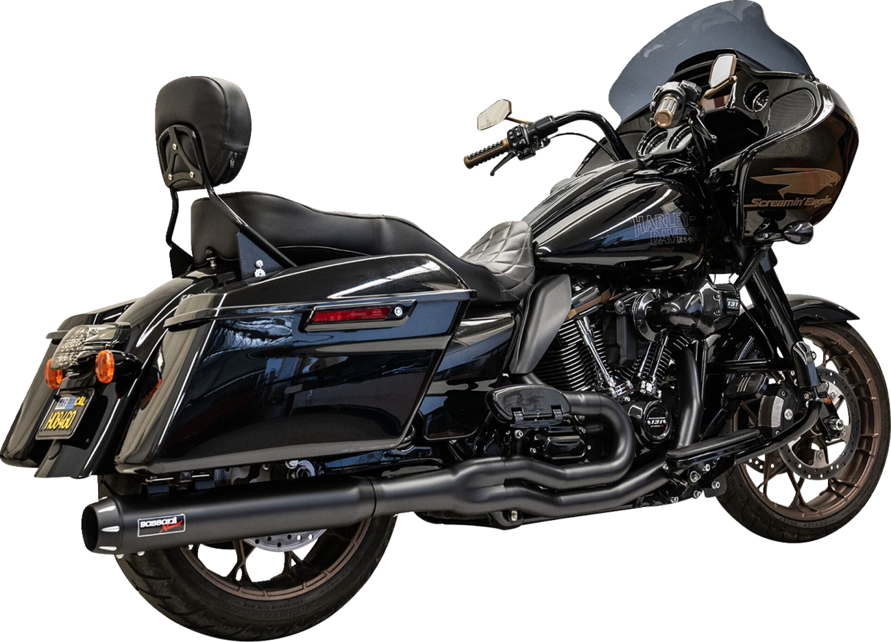 Black Bassani Xhaust 2-into-1 exhaust system for 49-state models, shown on a motorcycle with visible piping and muffler.
