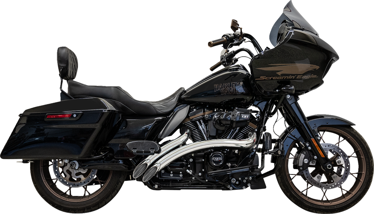 Chrome BASSANI XHAUST Sweeper Radial Exhaust System with heat shields installed on motorcycle.