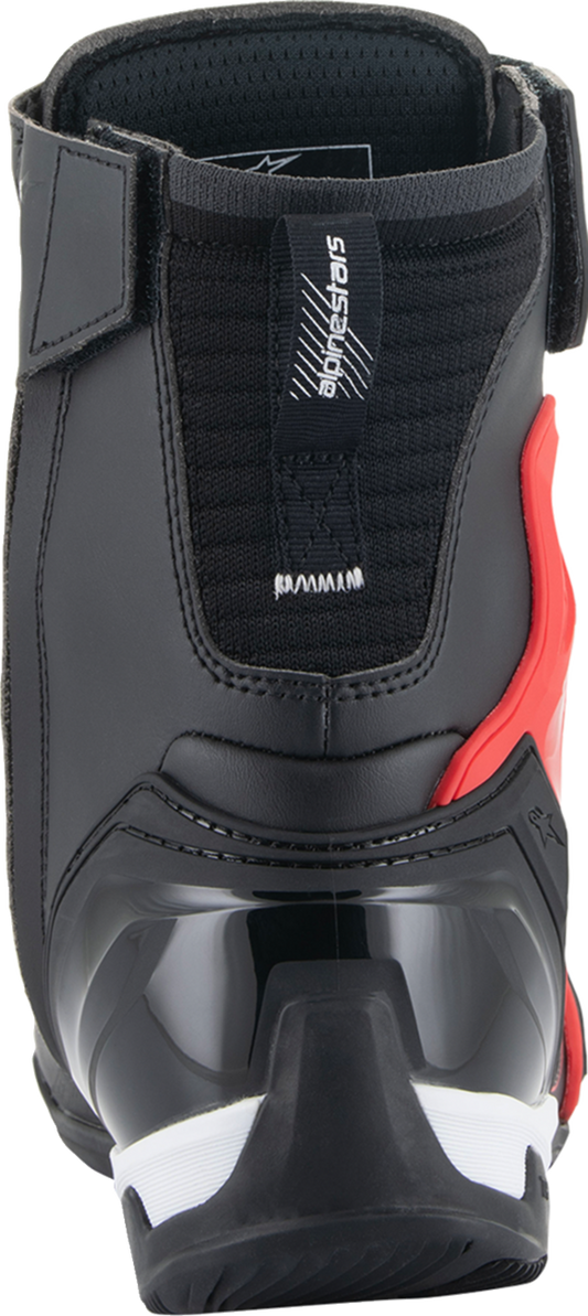 Alpinestars Superfaster motorcycle shoe in black, red, and white with US size 10, featuring sporty design and durable material.