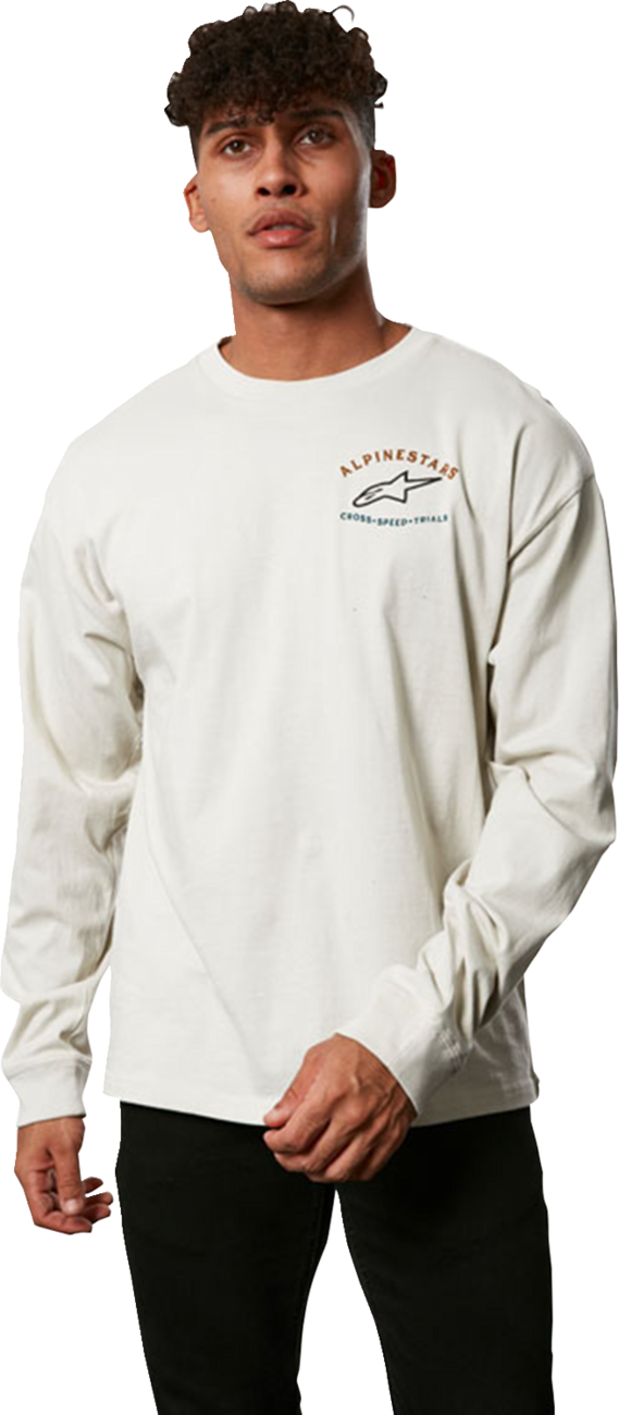 Alpinestars full face long-sleeve T-shirt in off-white, featuring brand logo and sleek design, casual apparel for motorcycle enthusiasts.