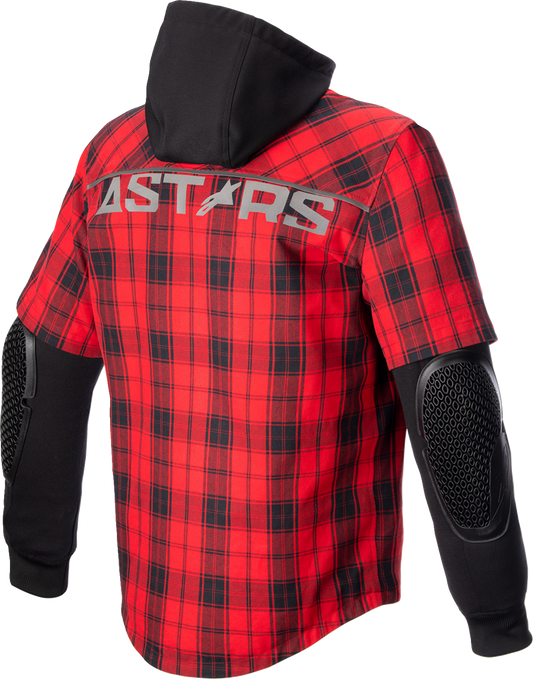 Alpinestars MO.ST.EQ Tartan jacket in red and black, medium size, featuring a stylish tartan pattern and sporty design.