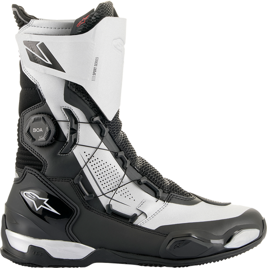 Alpinestars SP-X BOA motorcycle boots in black and silver, EU size 45, featuring durable material and secure fastening system.