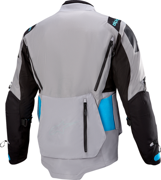 Alpinestars Ardent 3-in-1 adventure touring jacket in gray, black, and blue, shown in large size with multiple layers and zippers.