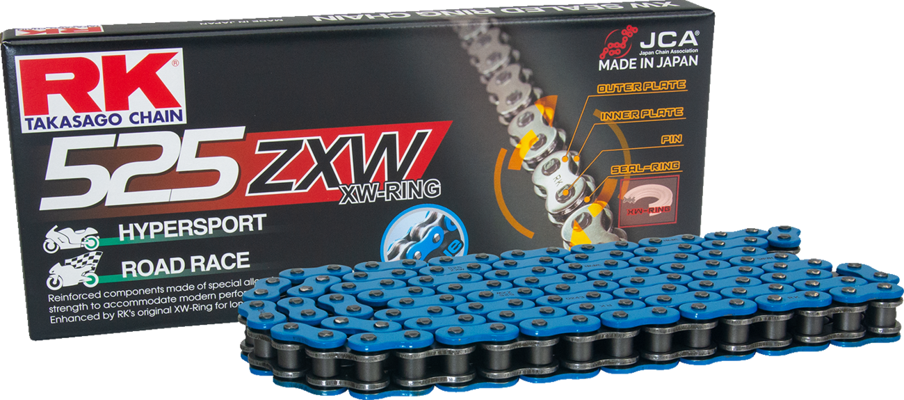 RK 525 ZXW connecting link with rivet in blue, used for chain links and mechanical link connections.