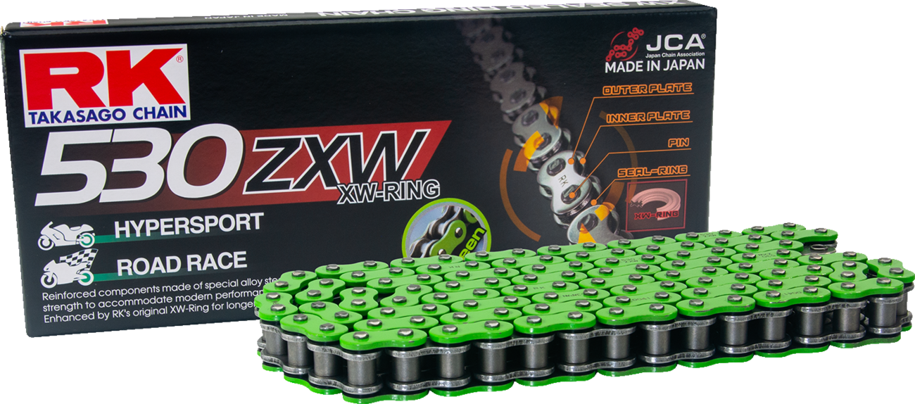 RK 530 ZXW connecting link with rivet in green, durable metal component for machinery or industrial use.