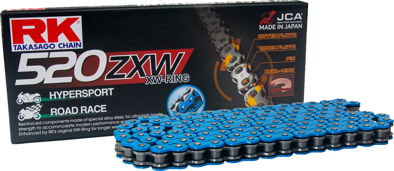 RK 520 ZXW connecting link with rivet in blue, suitable for bicycle chains, showing the link and rivet assembly.