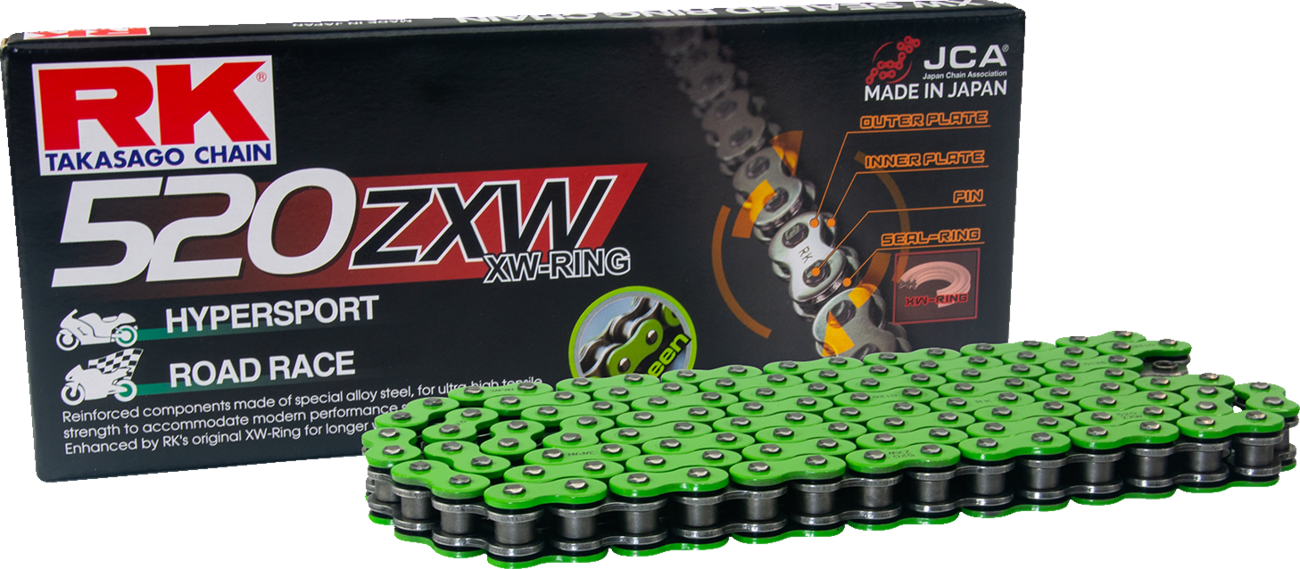 RK 520 ZXW motorcycle drive chain with 150 links and rivet connecting link, showcasing durable metal construction.