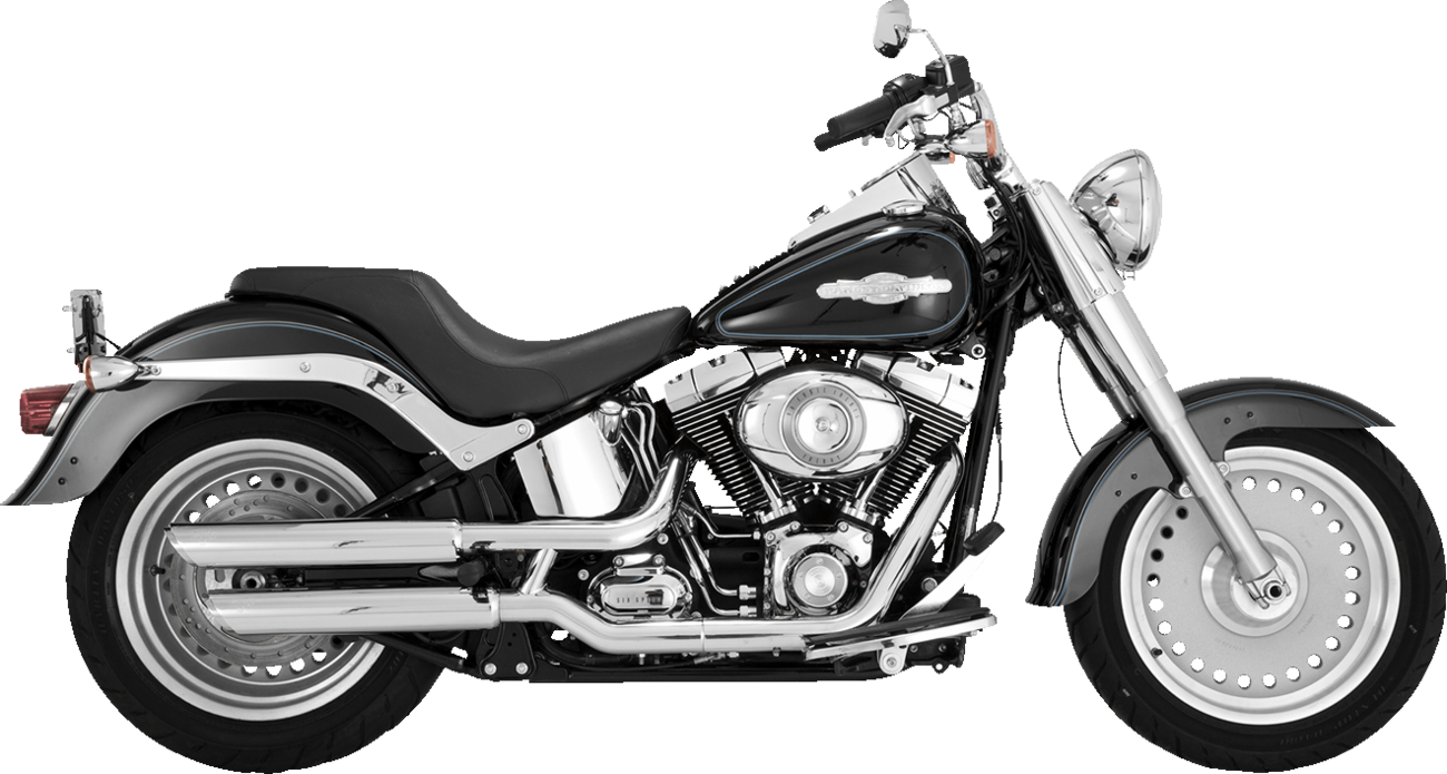 VANCE & HINES Twin Slash 3-Inch chrome slip-on mufflers for motorcycle exhaust system, shown from side view.