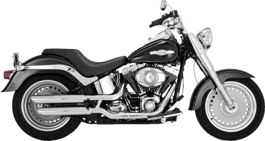 VANCE & HINES Twin Slash 3-Inch chrome slip-on mufflers for motorcycle exhaust system, shown from side view.