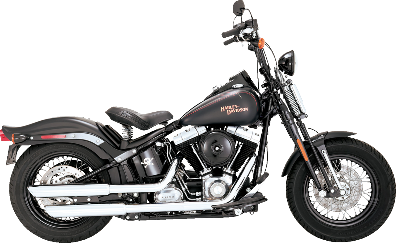 Chrome Vance & Hines 16842 3-inch Twin Slash slip-on mufflers installed on motorcycle exhaust system.