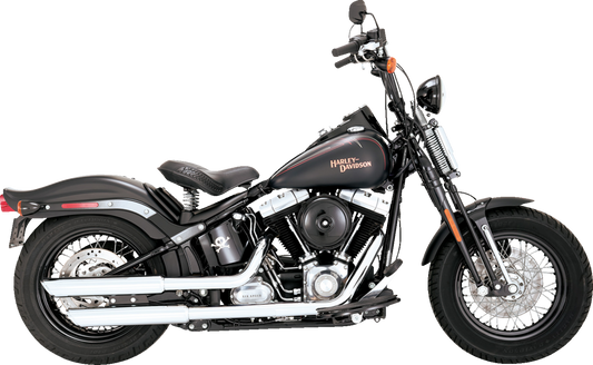 Chrome Vance & Hines 16842 3-inch Twin Slash slip-on mufflers installed on motorcycle exhaust system.