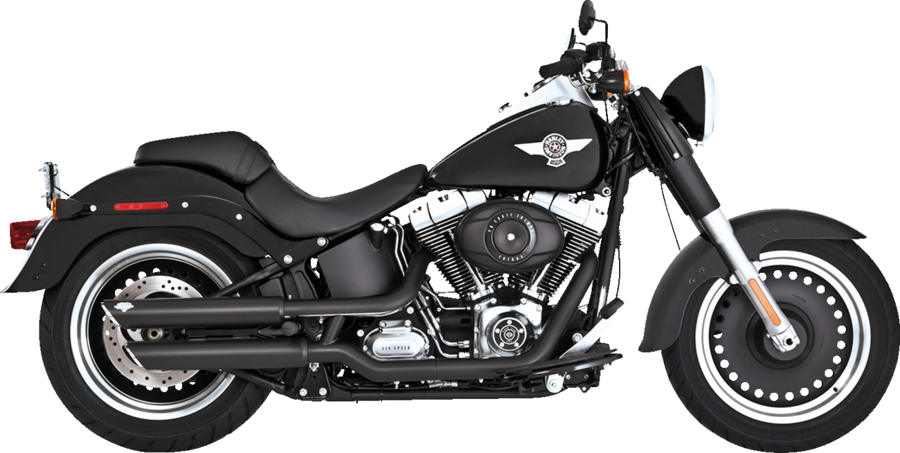 VANCE & HINES Twin Slash 3-inch slip-on mufflers with black finish, designed for motorcycle exhaust systems.