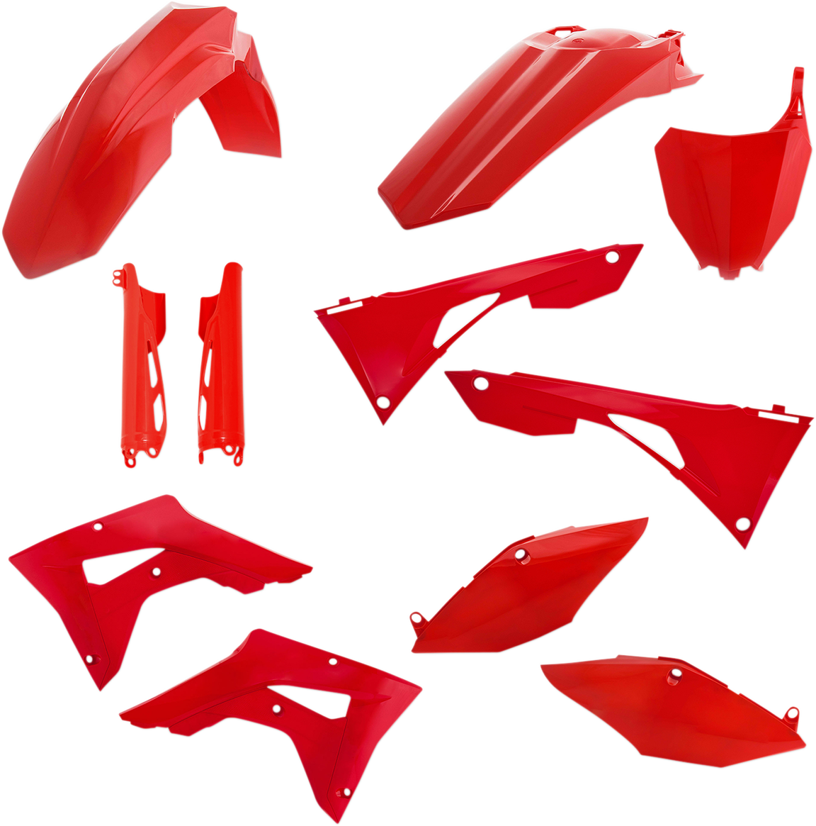 Acerbis full replacement body kit in vibrant red, designed for motorcycle customization, featuring sleek aerodynamic panels.