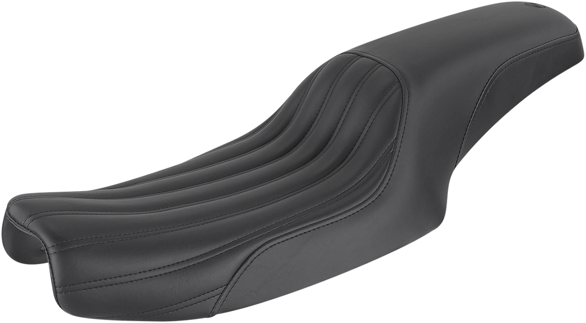 Black SADDLEMEN Profiler Knuckle Seat for Dyna motorcycles, designed for comfort and style, by Bill's Exhausts.