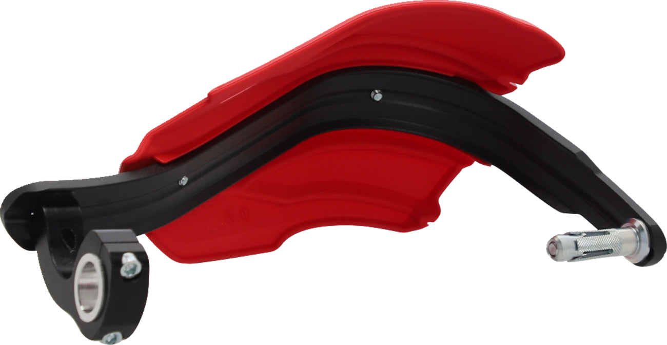 Acerbis Endurance X handguards in red and black mounted on motorcycle handlebars, designed for protection and durability.
