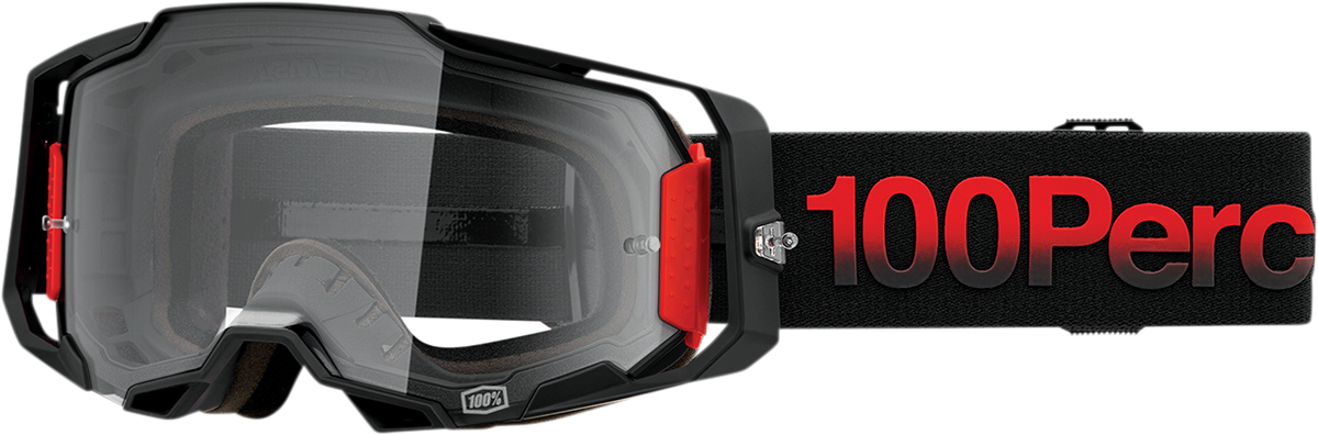 Bill's Exhausts 100% Armega Tzar goggles with clear lenses, featuring a sleek frame and adjustable strap for comfortable fit.