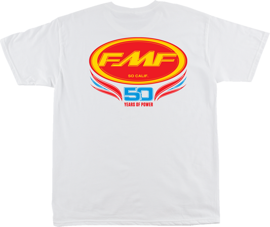 White FMF Since '73 T-shirt in large size, featuring the FMF logo and branding on front, casual fit, and comfortable fabric.