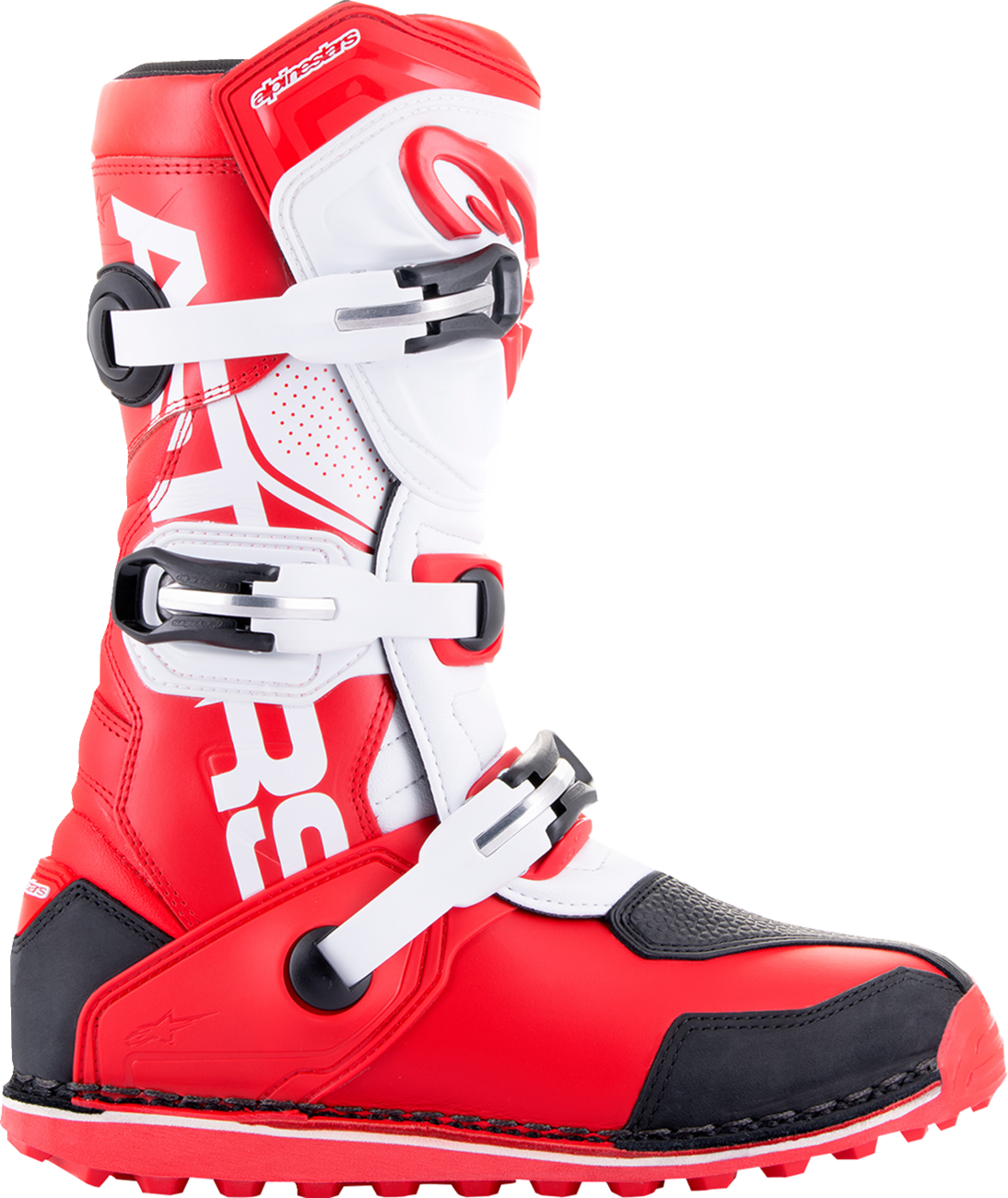 Alpinestars Tech-T motorcycle boots in red, black, and white with ankle protection and branding, US size 7 / EU 40.5.