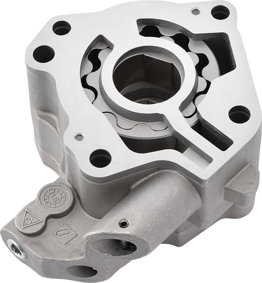 Drag Specialties high volume oil pump for M8 Harley-Davidson models, part #81080, showing the pump's detailed metal construction.